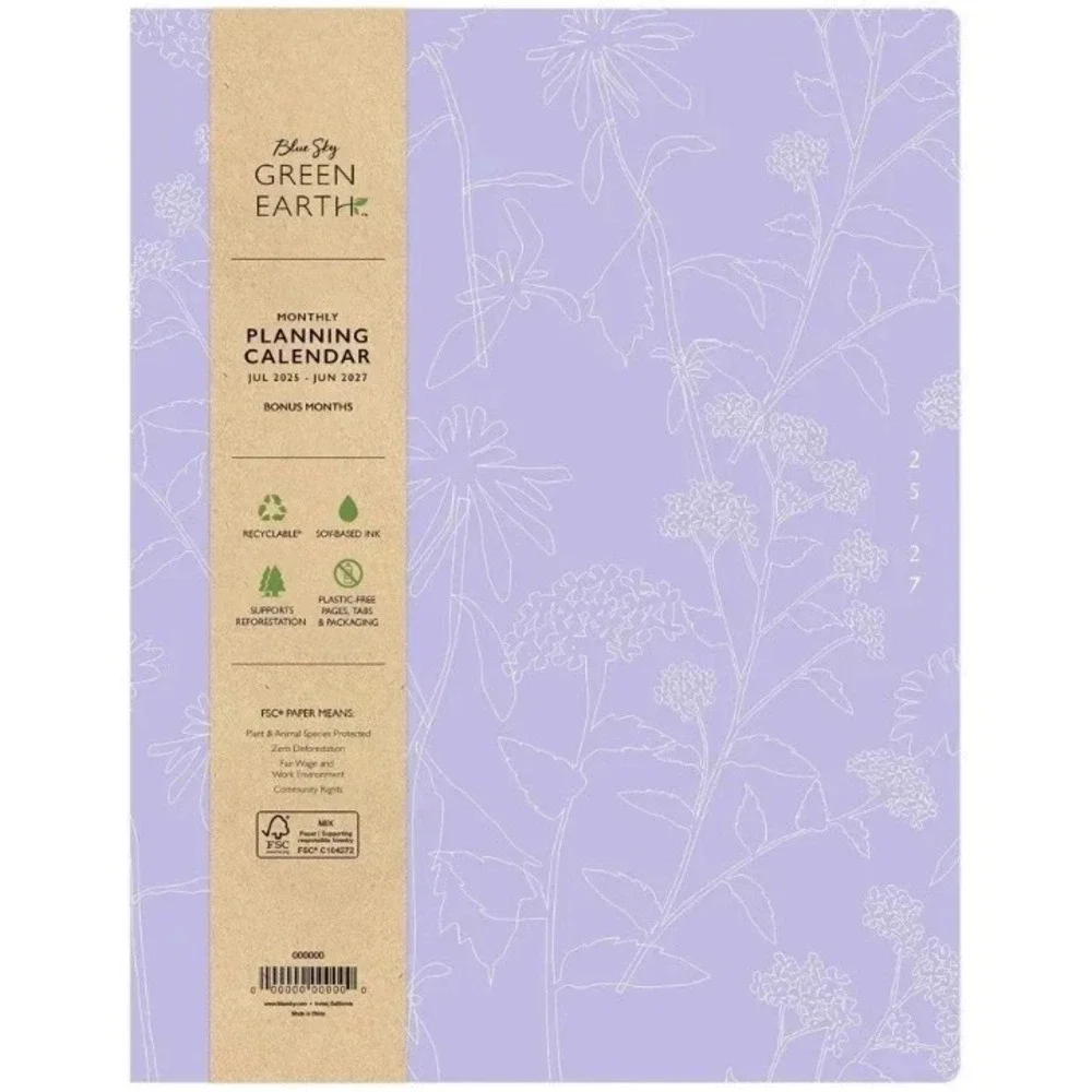 Blue Sky Green Earth 2025- June 2027 Monthly Planner Calendar Floral Purple